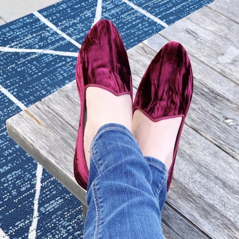 BIRDIES The Heron Crushed Velvet Loafer Flats - EUC, Ruby Wine Burgundy,…